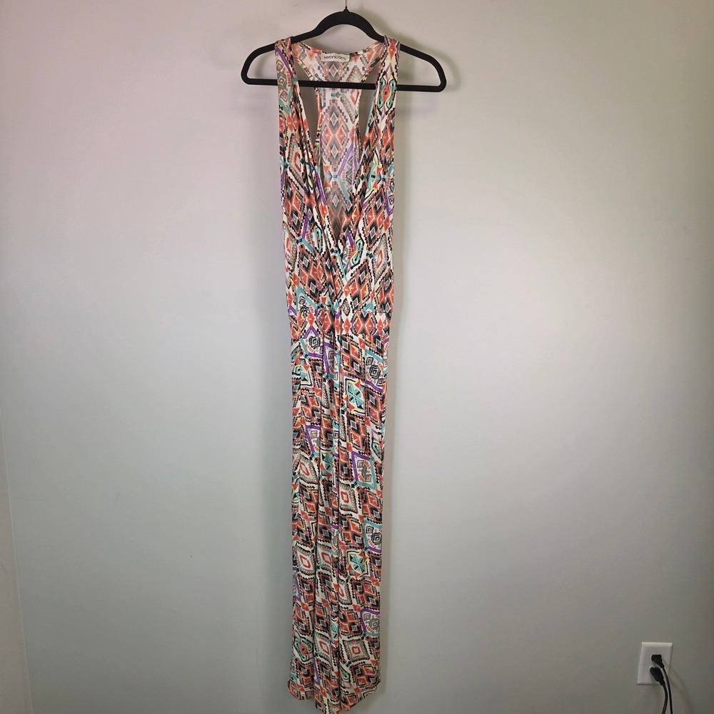 Veronica M Geometric Tribal Print Racerback V-Neck Maxi Dress Multic. Sleeveless